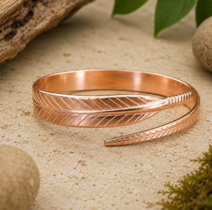Pure Copper Feather Arrow Wrap <b>Bangle</b> Bracelet <b>Engraved</b> Leaf Chevron Quill Motif Solid Copper Adjustable Spiral Wrap Wristband - Product Image 5