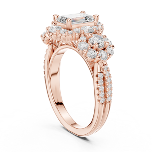 Anillo de Compromiso Art Deco con Moissanita Corte Esmeralda, Halo Floral Vintage, Piedras Laterales Redondas, Chapado en Oro, Acero Inoxidable, Unisex - Product Image 3