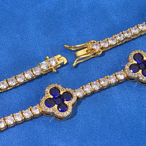 กำไลข้อมือเทนนิสทรงโคลเวอร์ประดับมอสซาไนต์สีน้ำเงินแซฟไฟร์ ชุบทอง ดีไซน์ลายดอกไม้ หรูหรา สง่างาม เหมาะเป็นของขวัญ - Product Image 6