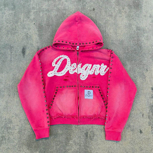 Custom Wash Rhinestone Zip Hoodie Cropped Streetwear Jacket Distressed Custom Men Vintage Graphic Pullover OEM Printed Hoodies - Product Image 4