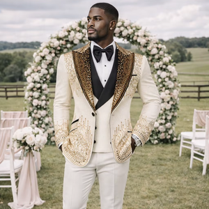 Men’s Ivory Gold Embellished Tuxedo <b>Jacket</b> – <b>Rhinestone</b> Designer Wedding Blazer with Black Shawl Lapel - Product Image 1