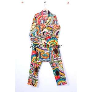 Conjunto de Pijama Bohemio con Estampado Floral 100% Algodón Transpirable y Suave para Mujer, Cintura Elástica, Top y Pantalón de Manga Larga - Product Image 1