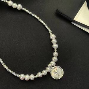 Collier en argent 925 avec perle d'eau douce Relief Rose 4-5 mm presque ronde avec pendentif ciel étoilé sans défaut - Product Image 5