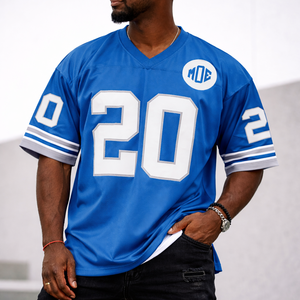 Camiseta de fútbol americano azul con cuello en V, estilo Y2K, diseño de sublimación personalizado, OEM, marca privada, pedidos al por mayor. - Product Image 3