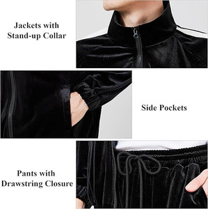 COMFORTABLE CASUAL MEN'S TRACK SUIT | SOLID BLACK VELOUR 2-PIECE OUTFIT | BREATHABLE ZIP JACKET PANTS <b>WHITE</b> <b>PANELING</b> LIGHTWEIGHT - Product Image 5