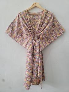 Elegante Caftán de Algodón con Estampado Floral Hecho a Mano para Mujer, Cuello en V, Cintura Alta, Mangas de Kimono Fluidas, Transpirable, para Verano - Product Image 4