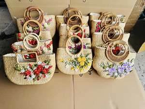 Wholesale Boho Floral Embroidered Water Hyacinth <b>Bag</b> and Matching Sun Hat for Women - Product Image 5