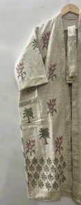 Robe kimono longue unisexe en coton imprimé à la main en Inde, col en V, manches courtes, écologique, motif floral palmier - Product Image 3