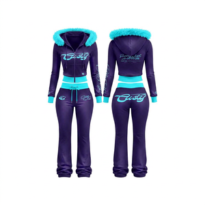Ensemble de survêtement à capuche pour femme, violet et vert, avec logo rose imprimé, pantalon de survêtement décontracté et haut court à manches longues avec fermeture éclair - Product Image 3