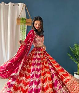 Indian Women's Wedding Party Festival Wear Chinon Fabric Lehenga Choli <b>Sequins</b> Codding Embroidery Heavy Work Dupatta Traditional - Product Image 2