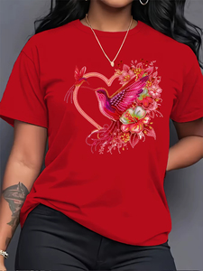 Camiseta de Mujer con Estampado Floral de Colibrí, Estilo Casual, Color Rosa, 100% Algodón Tejido, Ecológica, Transpirable, Ligera y de Secado Rápido - Product Image 1