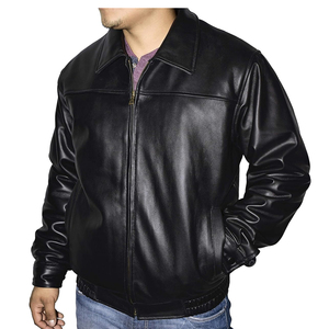 Blouson bomber imperméable en cuir d'agneau noir pour homme, grande taille, fermeture éclair, col montant, vêtement d'hiver décontracté, fourrure d'agneau - Product Image 6