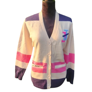 Cardigan style universitaire blanc, rose et violet pour femme, boutonné sur le devant, en maille, à manches longues, décontracté, mode preppy, vêtement d'extérieur - Product Image 2