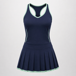 Vestido de tenis para mujer, color azul marino, con bloques de color, cuello en V, sin mangas, espalda cruzada, falda plisada, transpirable 2026 - Product Image 1