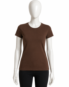 Camiseta informal de punto de color liso con cuello redondo y manga corta para mujer, color marrón, corte regular, para todas las estaciones - Product Image 4