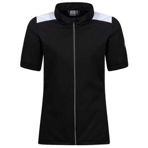 เสื้อแจ็คเก็ตซิปแขนสั้นสีดำ พร้อมแผ่นไหล่สีขาว คอตั้ง สไตล์สปอร์ต ระบายอากาศได้ดี ผลิตจากโพลีเอสเตอร์ - Product Image 1