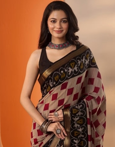 Sari beige imprimé en tissu mélangé pour femme KV avec chemisier non cousu - Product Image 2
