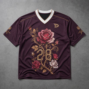 Custom Deep Plum Mesh Jersey Men Oversized <b>Y2K</b> Streetwear Sports <b>Top</b> Silk Screen Rose Print Embroidery Logo Short Eco-Friendly - Product Image 1