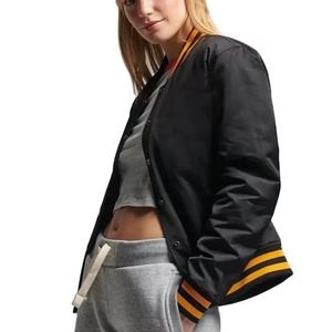 Women's Black Varsity Jacket Satin Full Sleeve Solid Color Turn-down Collar Zipper Closure Autumn Wear Logo Front - Product Image 6