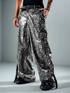 Snake Print <b>Leather</b> <b>Trousers</b> Lambskin Embossed Pattern Wide Leg Baggy Cut Side Pockets Glossy Grey and Burgundy - Product Image 4