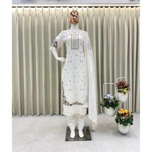 Magnifique ensemble élégant de vêtements de fête blancs avec haut et bas et dupatta, taille XL, par Bhanderi -BE - Product Image 2
