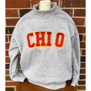 Custom Logo Women <b>Mock</b> <b>Neck</b> Sweatshirt Chi / Omega Chenille Patch Embroidered College University Greek Apparel Cotton Fleece - Product Image 1