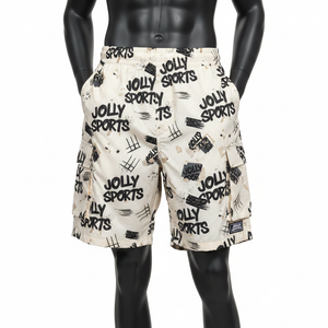 Pantalones cortos cortavientos de poliéster GSM premium para hombre, color beige, crema, negro, con estampado de grafiti, logotipo serigrafiado, etiqueta tejida. - Product Image 1