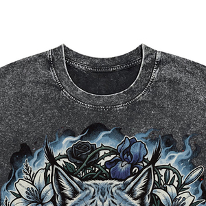 Snow Lynx Printed Cotton <b>T</b>-<b>Shirt</b> <b>Men's</b> Casual Short Sleeve <b>Floral</b> Design Washed Look Round Neck Street Style <b>Shirt</b> - Product Image 6