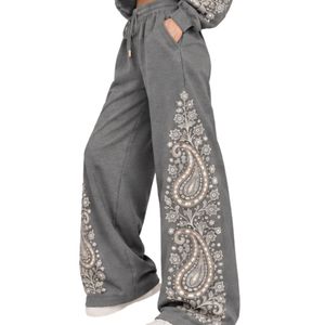 Heather <b>Grey</b> <b>Womens</b> Paisley Print Crop Hoodie Wide Leg Pants Two Piece <b>Tracksuit</b> Casual Streetwear Loose Fit Jogger Outfit Set - Product Image 6