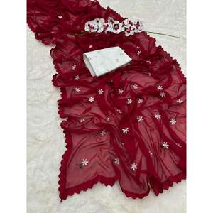 FASHIONABLE GEORGETTE HILO TRABAJO SAREE CON BLUSA SIN COSTAR GRANATE - Product Image 1