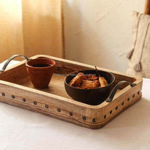 High Quality Custom Acacia Wood and Brass Handle Round Food Serving <b>Tray</b> With Handles for Table Decoration - Product Image 5