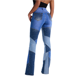 Womens Breathable Patchwork Denim Jeans Rhinestone <b>Studded</b> Straight Leg Mid Waist Casual Light Fashion Trendy Streetwear Modern - Product Image 2