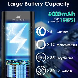 Compresseur d'air électrique sans fil portable 6000 mAh pour voiture, 150 PSI avec lumière LED, gonfleur de pneus - Product Image 2