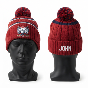 TAISON SPORTS Bonnet de hockey sur glace en laine douce tricotée 280 GSM Premium Rouge Marine Uni avec pompon Logo personnalisé Unisexe Réglable - Product Image 1