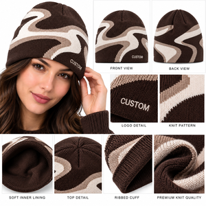Bonnet en tricot à motif vague abstrait, marron chocolat et beige, avec logo latéral, unisexe, design graphique, fournisseur en gros USA - Product Image 5