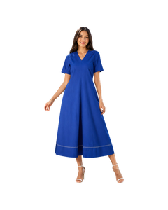 Vestido Midi de Algodón Azul Rey |   Vestidos de Verano Cortos con Cuello en V y Pliegues |   Vestido Casual de Verano con Bolsillos - Product Image 1