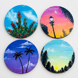 Ensemble de sous-verres ronds en MDF peints à la main avec un motif de ciel, diamètre 9 cm, épaisseur 3 mm, de REHMAN CRFAT - Product Image 1