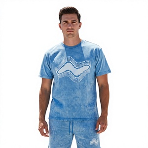 Men's Solid Blue Two-Piece <b>Set</b> Crew Neck T-Shirt Shorts Casual Summer Wear Breathable Knitted Bamboo Fiber Front Logo - Product Image 6