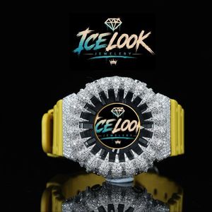 Reloj de cuarzo Ice Look con esfera de diamantes de imitación, correa amarilla, reloj de pulsera con detalles de cristal, joyería de moda - Product Image 1
