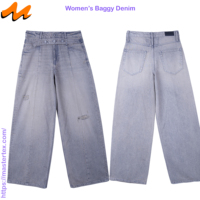 Jean décontracté pour femme en denim, coupe ample et large, double ceinture, poches fendues, déchirures et effets usés, délavage élégant, 100% coton