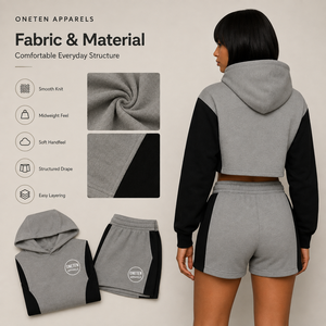 ONETEN APPARELS Ensemble short et sweat à capuche court pour femme, gris et noir, avec empiècements contrastants, en molleton, style sportswear, streetwear, décontracté, respirant, coupe ample - Product Image 6