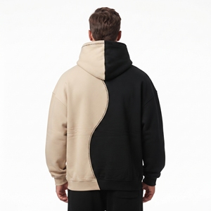 Sudadera con Capucha de Alta Calidad para Hombre, Diseño Color Block, Corte Holgado, Color Negro y Beige, Felpa Francesa, Informal, Personalizada con Pedrería - Product Image 4