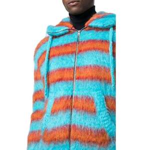 High Quality Custom mohair hoodie Oversized Thick Fuzzy Wool Blend Stripe Knitted <b>Zip</b> <b>up</b> Mohair Hoodies - Product Image 3
