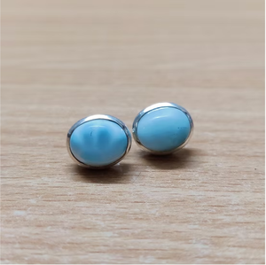 Minimalist 925 Silver Larimar Gemstone <b>Stud</b> <b>Earrings</b> - Handmade Oval Blue Cabochon <b>Fine</b> Jewelry Wholesale - Product Image 2