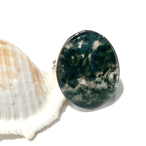 Bague ovale en agate mousse naturelle, argent sterling 925, faite à la main, bijou statement pour homme et femme, cadeau personnalisé - Product Image 1