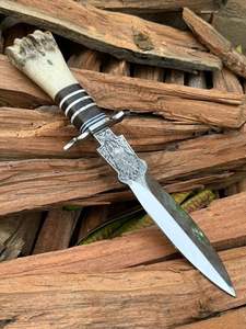 Couteau de chasse à lame fixe en acier D2 gravé à la main, type Bowie, couteau américain Dogger, couteau à ciseau avec entretoises, manche en os - Product Image 5