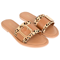 Sandales plates en cuir véritable à imprimé léopard avec boucle dorée, bout ouvert, mode estivale, pour femmes, à enfiler, amortissantes, légères, OEM