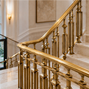 Balustrades d'escalier architecturales dorées avec rampe d'escalier sculptée et courbée et balustres carrés géométriques - Product Image 2
