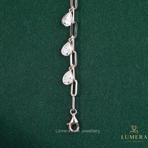 Statement Pear Cut Diamond Charm Bracelet With Lab Grown Stones Suspended Along Open Basket Settings <b>Solid</b> <b>Gold</b> Paperclip Chain - Product Image 5