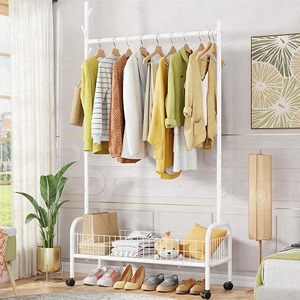 Minimalist Metal <b>Clothing</b> <b>Rack</b> With Wheels Double Tier Storage Holder For Living Room Standing Type Multifunctional Design - Product Image 1